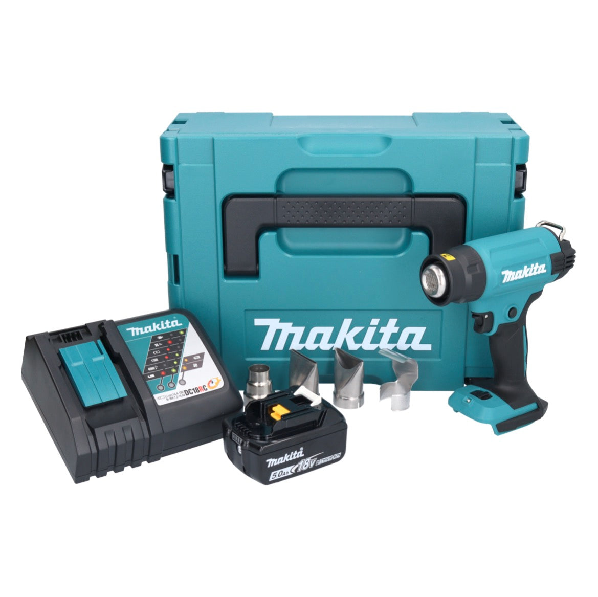 Makita DHG 181 RT1J Akku Heißluftgebläse 18 V 150 - 550°C + 1x Akku 5,0 Ah + Ladegerät + Makpac