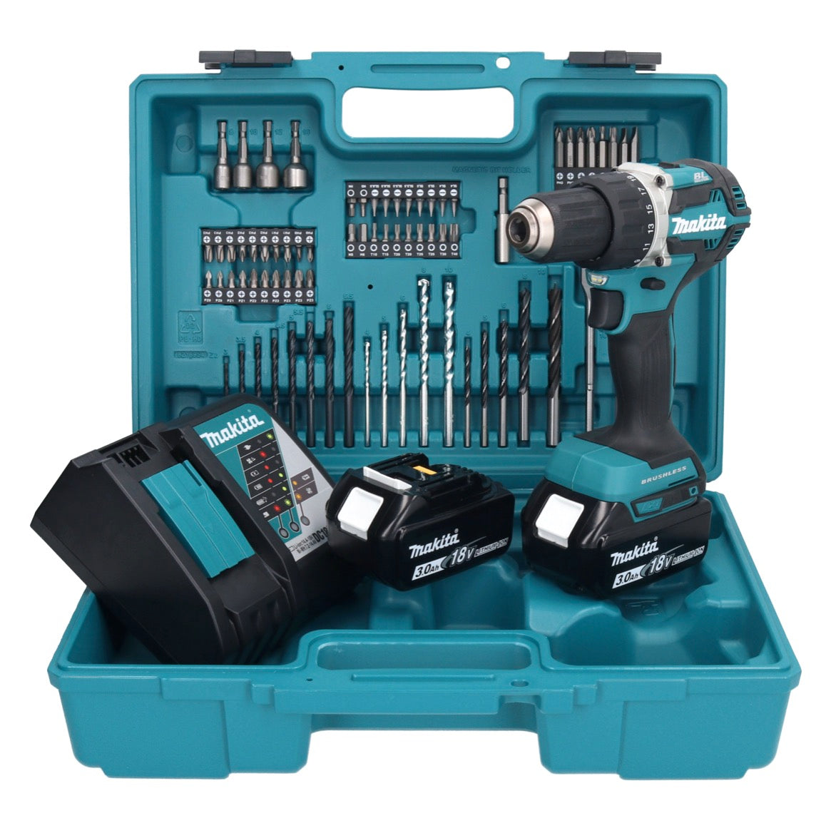 Makita DDF 484 RFX1 Akku Bohrschrauber 18 V 54 Nm + 2x Akku 3,0 Ah + Ladegerät + 74 tlg. Zubehörset + Koffer