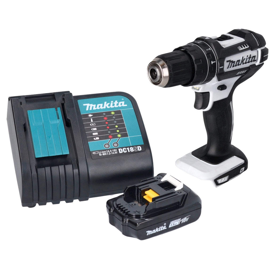 Makita DHP 482 SY1W Akku Schlagbohrschrauber 18 V 62 Nm Weiß + 1x Akku 1,5 Ah + Ladegerät - Toolbrothers