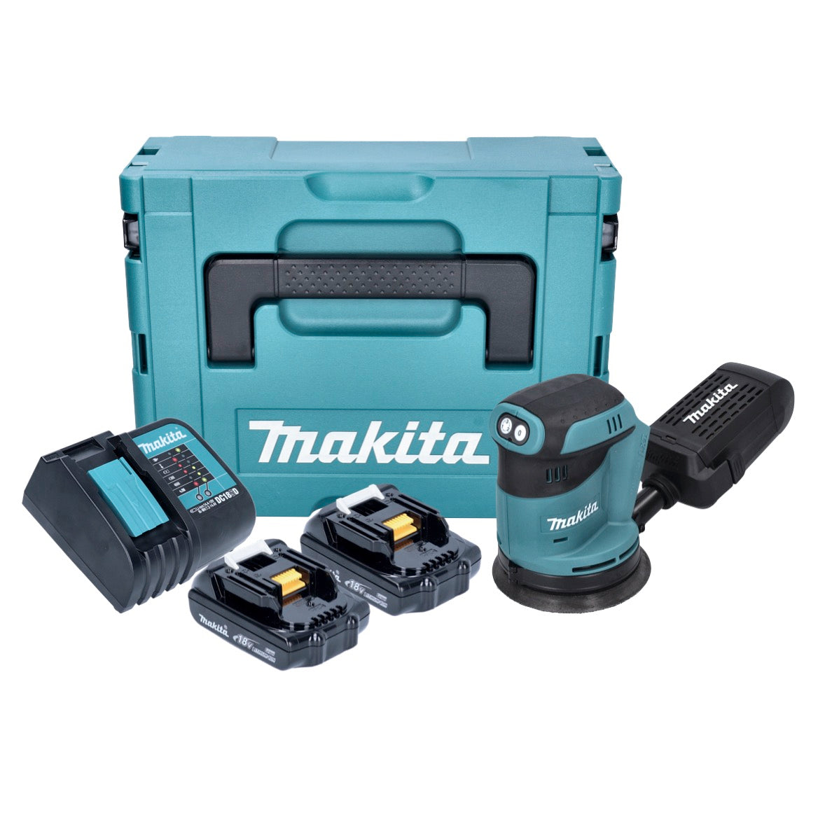 Makita DBO 180 SYJ Akku Exzenterschleifer 18 V 125 mm + 2x Akku 1,5 Ah + Ladegerät + Makpac - Toolbrothers