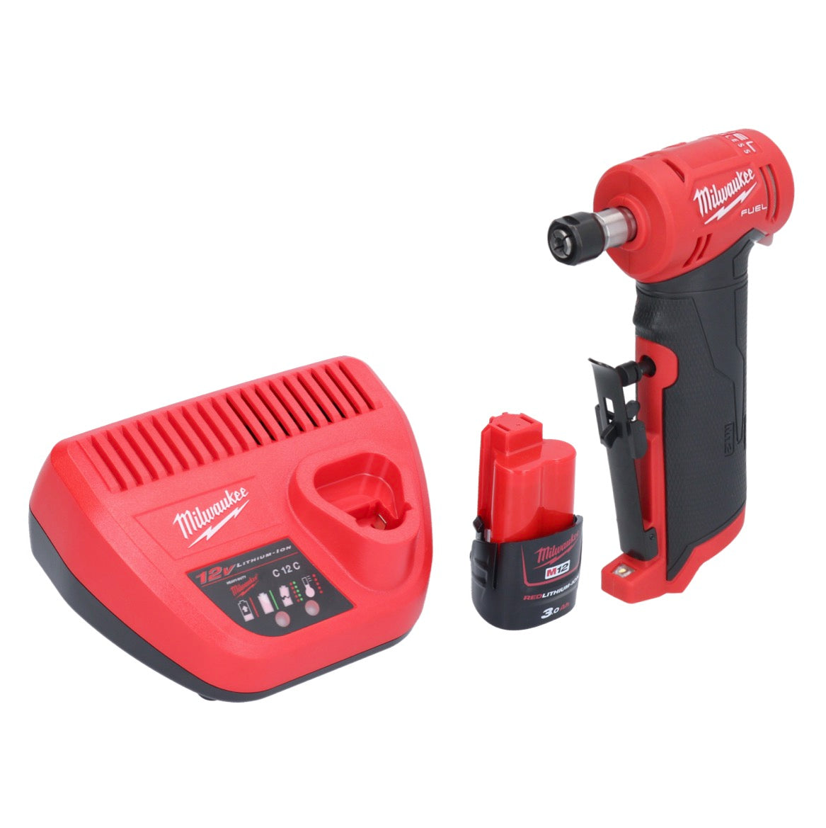 Milwaukee M12 FDGA-301 Geradschleifer abgewinkelt 12 V 6 / 8 mm Brushless + 1x Akku 3,0 Ah + Ladegerät