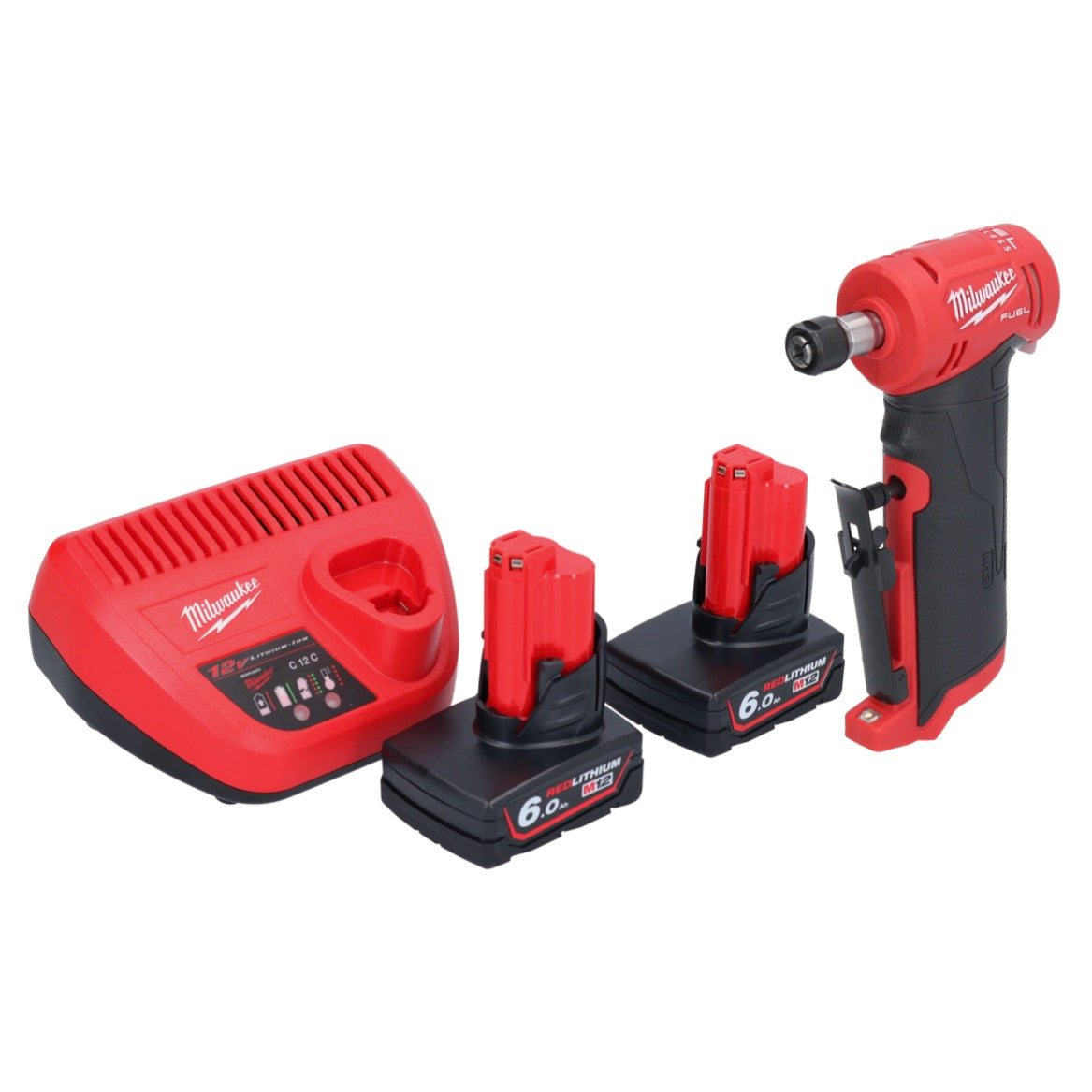 Milwaukee M12 FDGA-602 Geradschleifer abgewinkelt 12 V 6 / 8 mm Brushless + 2x Akku 6,0 Ah + Ladegerät