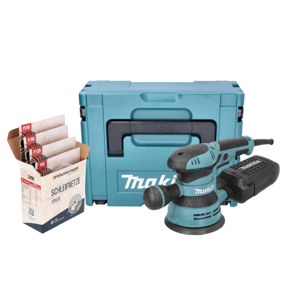 Makita BO 5041 J Exzenterschleifer Schleifmaschine 300 W 125 mm + Toolbrothers SPIDER Schleifset Netzschleifmittel + Makpac - Toolbrothers