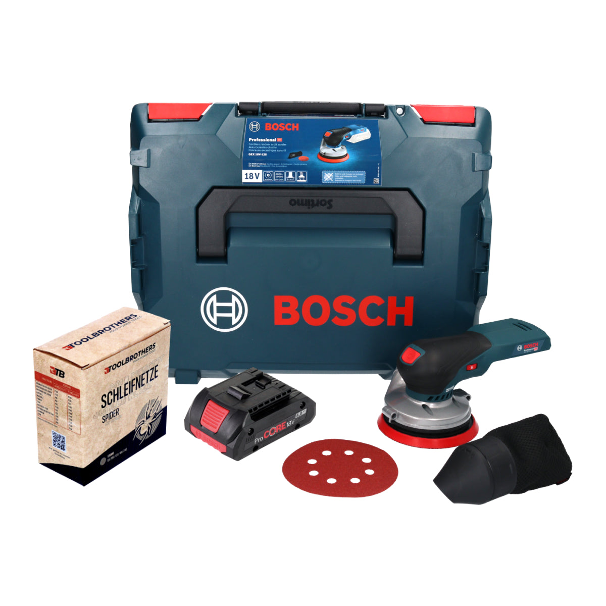 Bosch GEX 18V-125 Ponceuse excentrique professionnelle sur batterie 18 V 125 mm sans balais + 1x kit d'abrasifs secteur Toolbrothers SPIDER + 1x batterie ProCORE 4,0 Ah + L-BOXX - sans chargeur