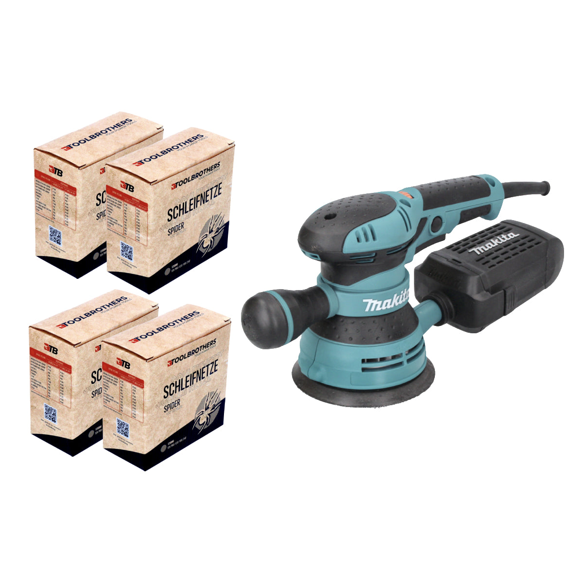 Makita BO 5041 Exzenterschleifer / Schleifmaschine 300 W 125 mm + 4x Toolbrothers SPIDER Netzschleifmittel Set - Toolbrothers