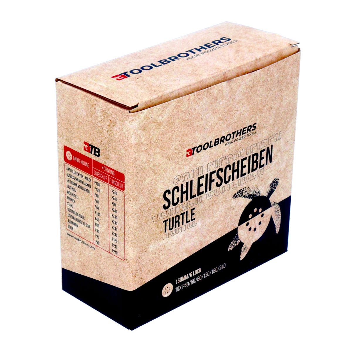 Toolbrothers TURTLE Schleifset 4 Packungen 240x Schleifscheiben 150 mm Klett 6 Loch  je 40x P40 / P60 / P80 / P120 / P180 / P240 für Hartholz, Weichholz, Lack, Stein, Stahl, Aluminium, Furnier - Toolbrothers