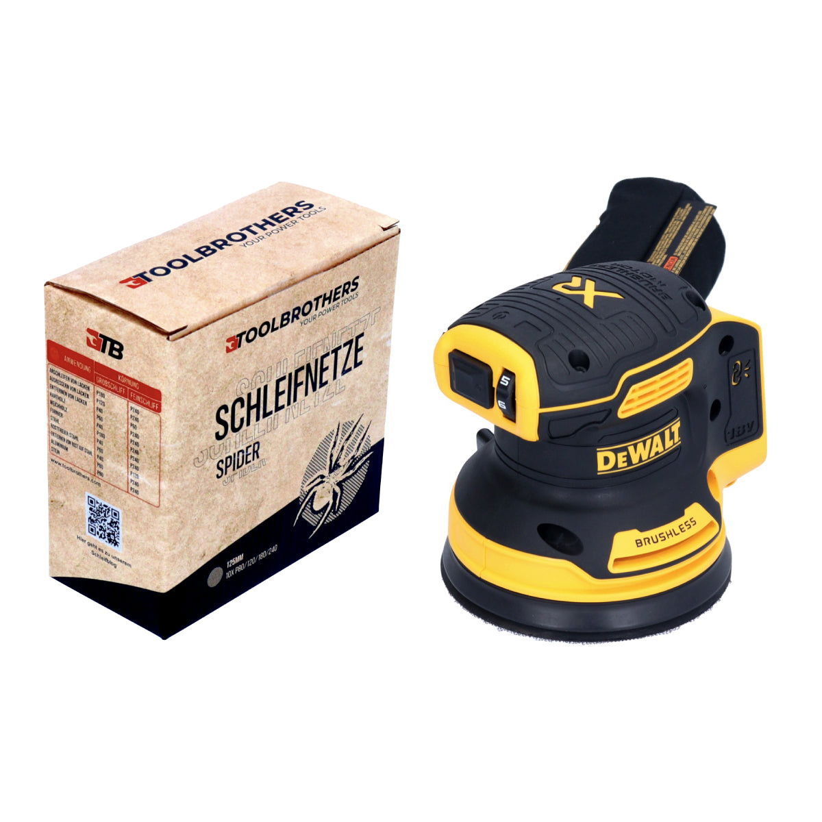 Toolbrothers SPIDER Netzschleifmittel Set + DCW 210 N Akku Exzenterschleifer 18 V 125 mm Brushless - ohne Akku, ohne Ladegerät - Toolbrothers