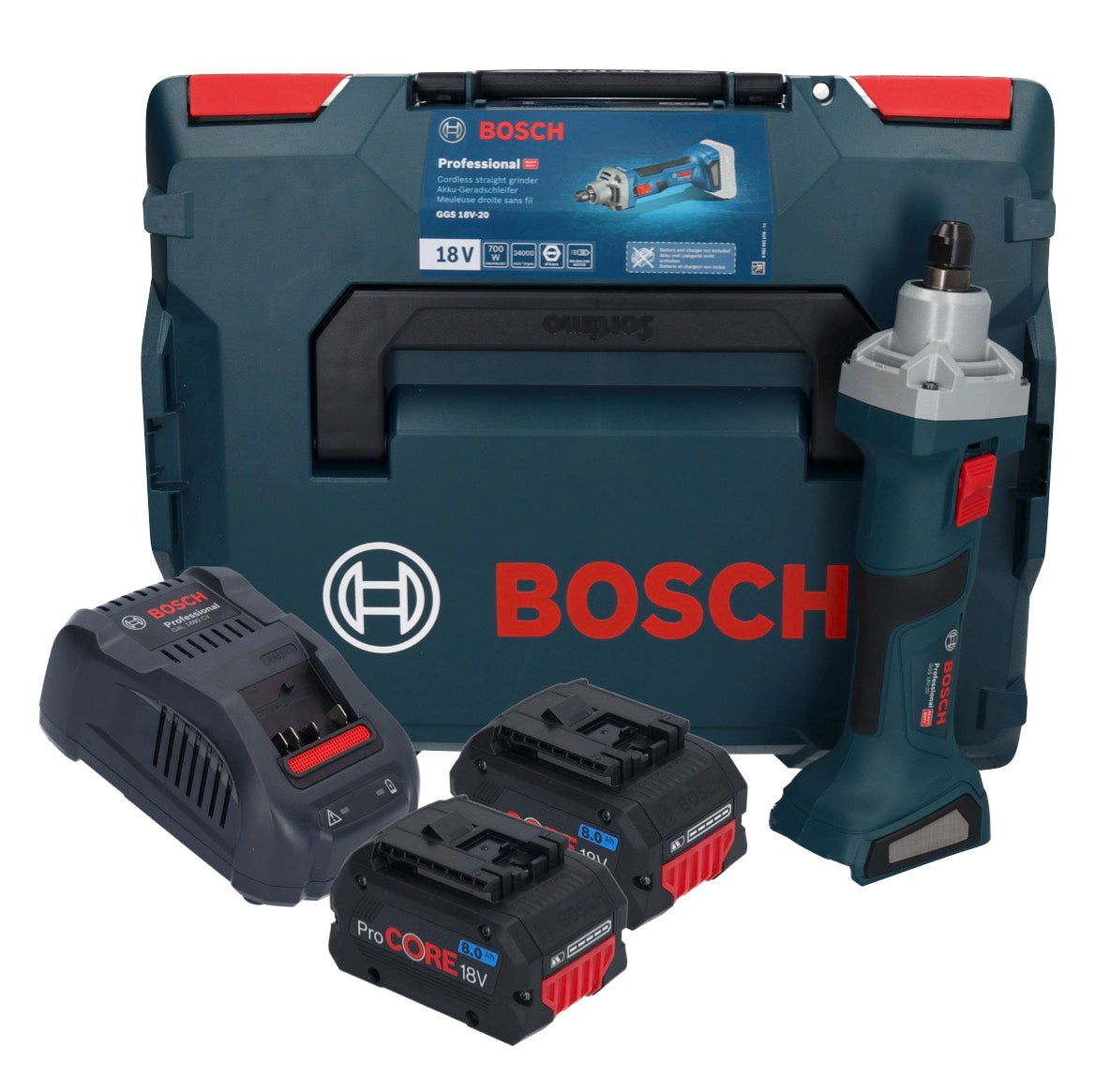 Meuleuse droite à batterie Bosch GGS 18V-20 18 V sans balais + 2x batterie ProCORE 8,0 Ah + chargeur + L-BOXX