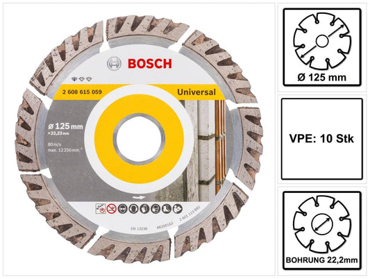 Bosch Standard pour disque à tronçonner diamanté universel 125 x 22,23 mm 10 pièces (2608615060) pour béton, acier-béton, cuisson, chaux et grès