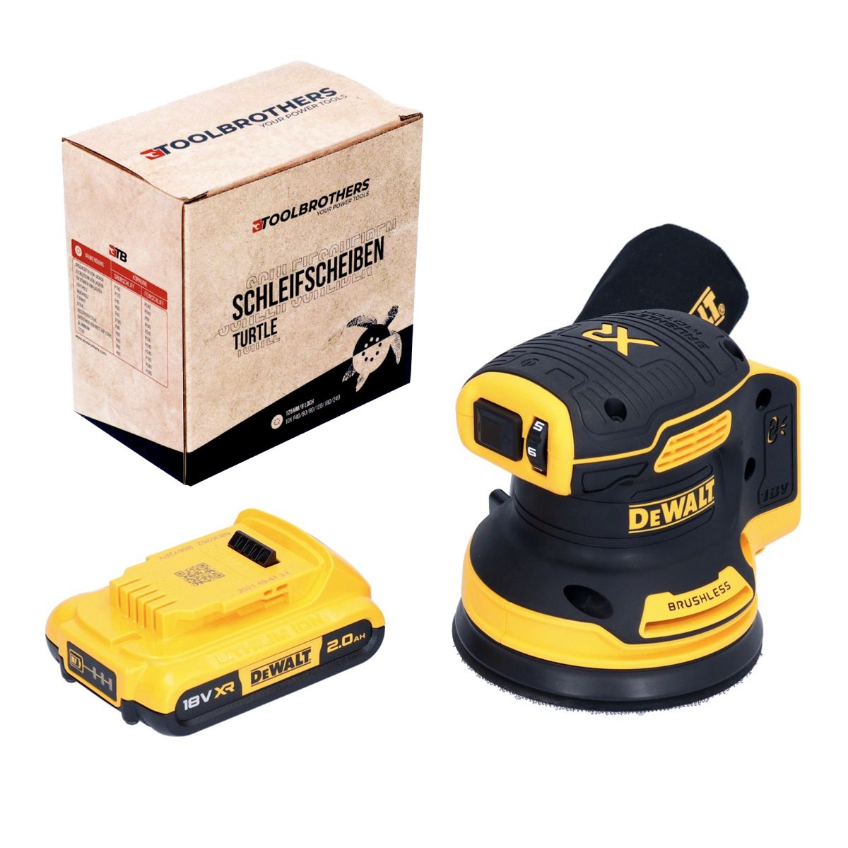 DeWalt DCW 210 N Akku Exzenterschleifer 18 V 125 mm Brushless + 1x Akku 2,0 Ah + 1x Toolbrothers TURTLE Schleifscheiben Set - ohne Ladegerät - Toolbrothers