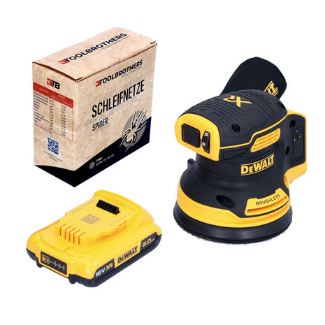 DeWalt DCW 210 N Akku Exzenterschleifer 18 V 125 mm Brushless + 1x Akku 2,0 Ah + 1x Toolbrothers SPIDER Schleifnetz Set - ohne Ladegerät - Toolbrothers