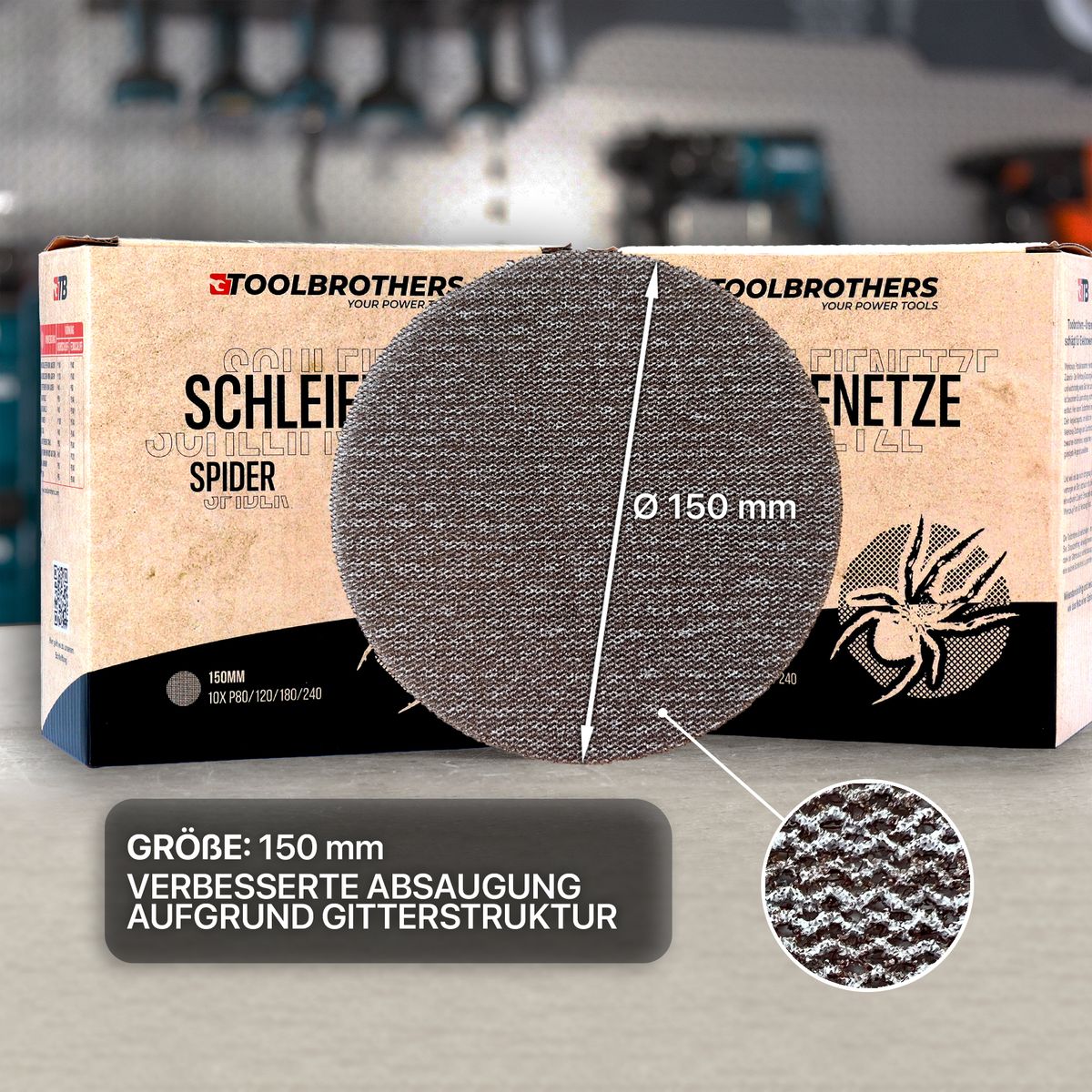 Toolbrothers SPIDER Schleifset Netz 150 mm 2 Packungen 80x Schleifnetze Klett je 20x P80 / P120 / P180 / P240 für Hartholz, Weichholz, Lack, Stein, Stahl, Aluminium, Furnier - Toolbrothers