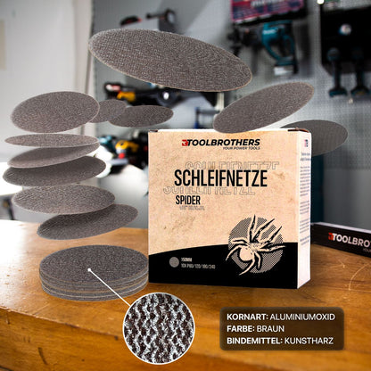 Toolbrothers SPIDER Schleifset Netz 150 mm 2 Packungen 80x Schleifnetze Klett je 20x P80 / P120 / P180 / P240 für Hartholz, Weichholz, Lack, Stein, Stahl, Aluminium, Furnier - Toolbrothers