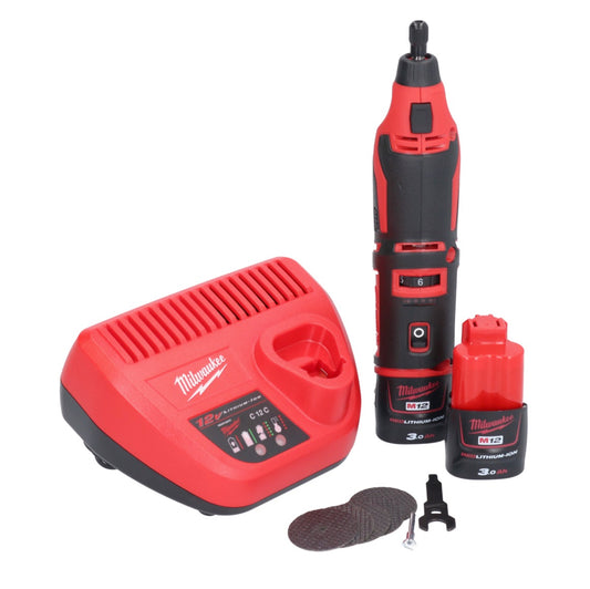 Outil rotatif à batterie Milwaukee C12 RT-302 12 V + 2x batteries 3,0 Ah + chargeur