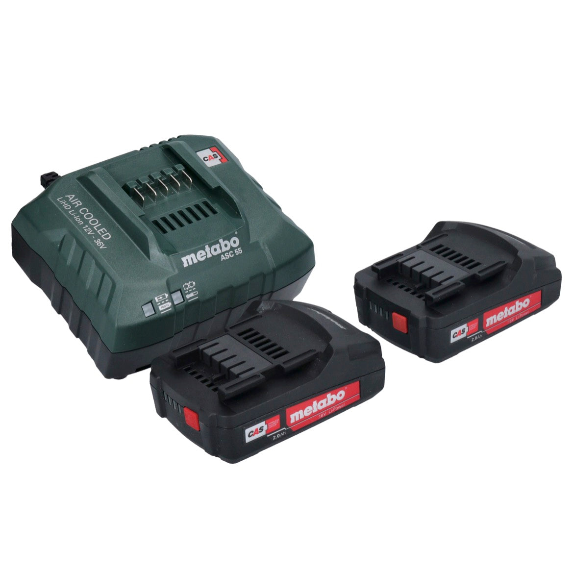 Metabo Basic Set 2x Li-Power Akkupack 18 V 2,0 Ah CAS Li-Ion Akku ( 2x 625596000 ) + ASC 55 Ladegerät AIR COOLED 12 - 36 V ( 627044000 ) - Toolbrothers