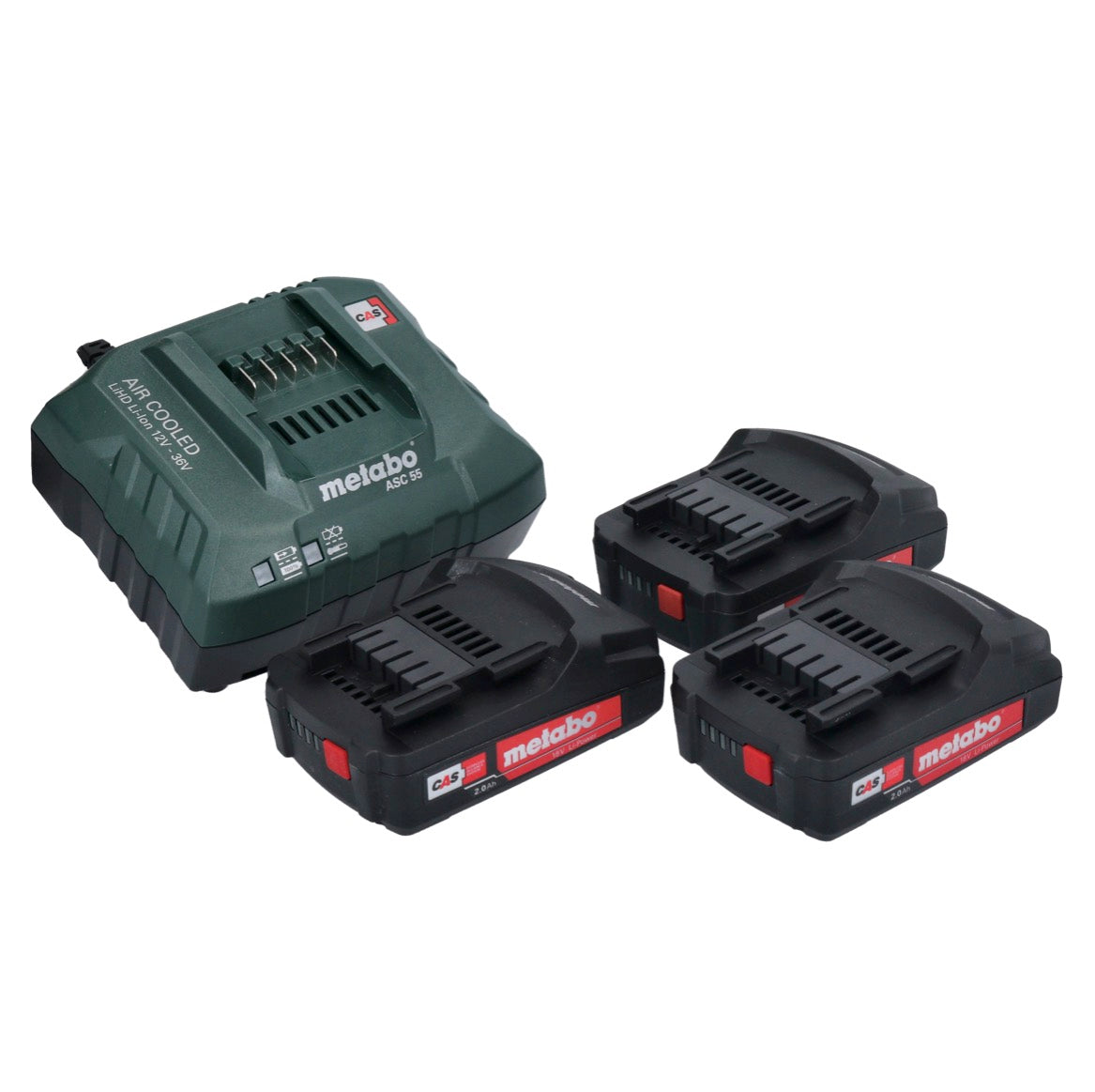 Metabo Basic Set 3x Li-Power Akkupack 18 V 2,0 Ah CAS Li-Ion Akku ( 3x 625596000 ) + ASC 55 Ladegerät AIR COOLED 12 - 36 V ( 627044000 ) - Toolbrothers