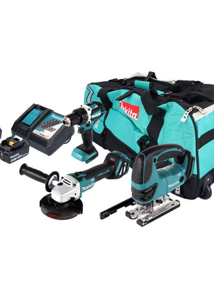 Kit combiné batterie Makita DLX 3152 TX1 18 V DDF 484 + DGA 511 + DJV 180 + 2x batteries 5,0 Ah + chargeur + sac