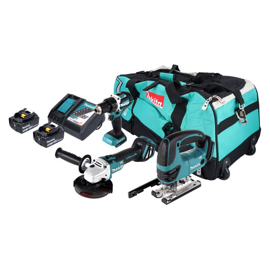 Kit combiné batterie Makita DLX 3152 TX1 18 V DDF 484 + DGA 511 + DJV 180 + 2x batteries 5,0 Ah + chargeur + sac