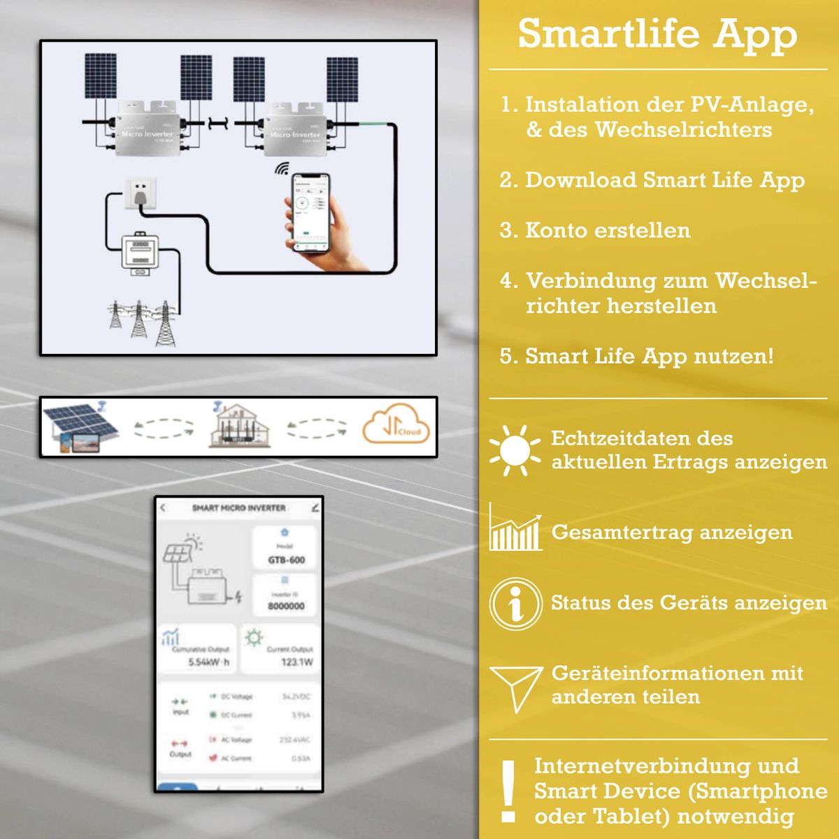 820W/600W Balkonkraftwerk Photovoltaikanlage, 2x Photovoltaik-Modul ( 2x 410W ) + Wechselrichter ( 600W ) mit WiFi-Funktion Steckerfertig Schwarz - Toolbrothers