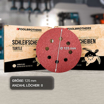 2x Toolbrothers TURTLE Schleifset 125mm + Milwaukee M18 BOS125-0 Akku Exzenterschleifer 18V 125mm Solo - ohne Akku, ohne Ladegerät - Toolbrothers