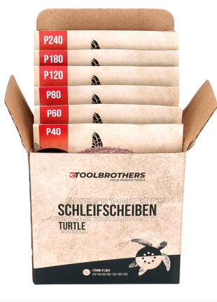 4x Toolbrothers TURTLE Schleifset 125mm + Milwaukee M18 BOS125-0 Akku Exzenterschleifer 18V 125mm Solo - ohne Akku, ohne Ladegerät - Toolbrothers