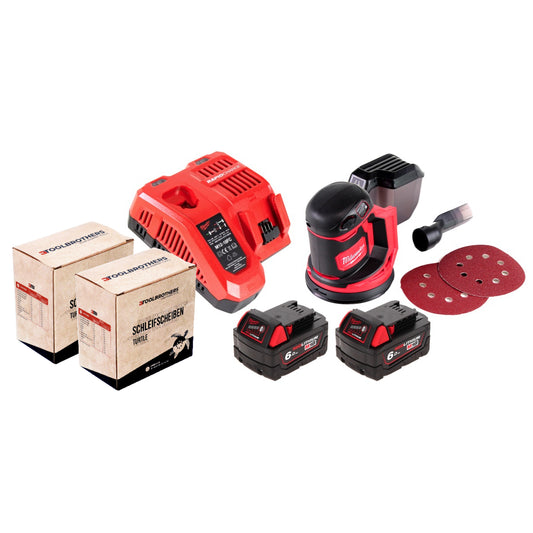 2x kit de ponçage Toolbrothers TURTLE 125 mm + ponceuse excentrique à batterie Milwaukee M18 BOS125-602 FC 18 V 125 mm + 2x batterie 6,0 Ah + chargeur