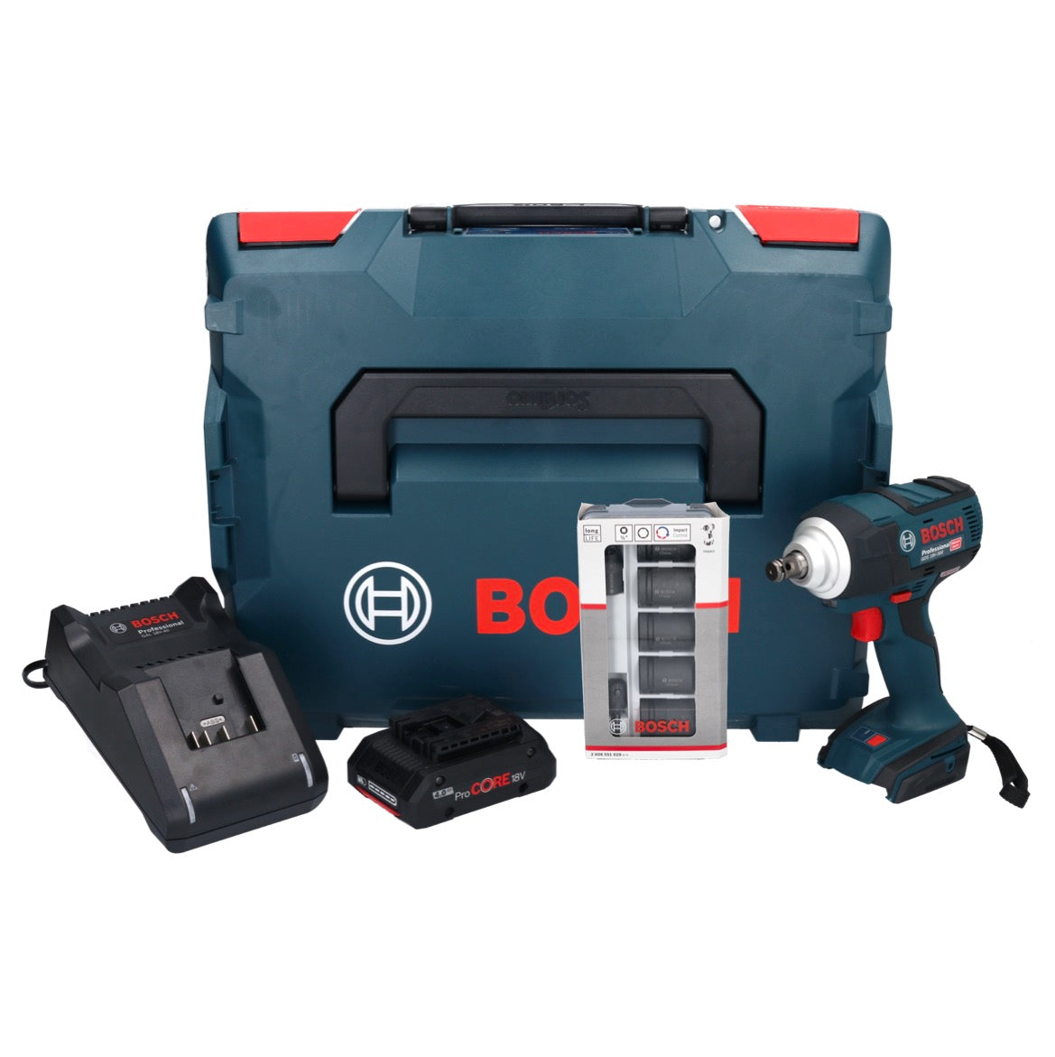 Bosch GDS 18V-300 Akku Schlagschrauber 18 V 300 Nm 1/2" Brushless + 1x ProCORE Akku 4,0 Ah + Ladegerät + 7 tlg. Steckschlüssel Set + L-Boxx - Toolbrothers