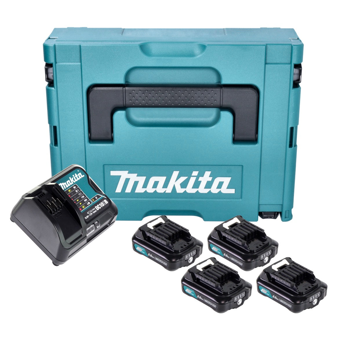 Makita Power Source Kit 4x BL 1021 B Akku 12 V max. 2,0 Ah CXT ( 4x 197396-9 ) + DC 10 SB Ladegerät ( 197363-4 ) + Makpac