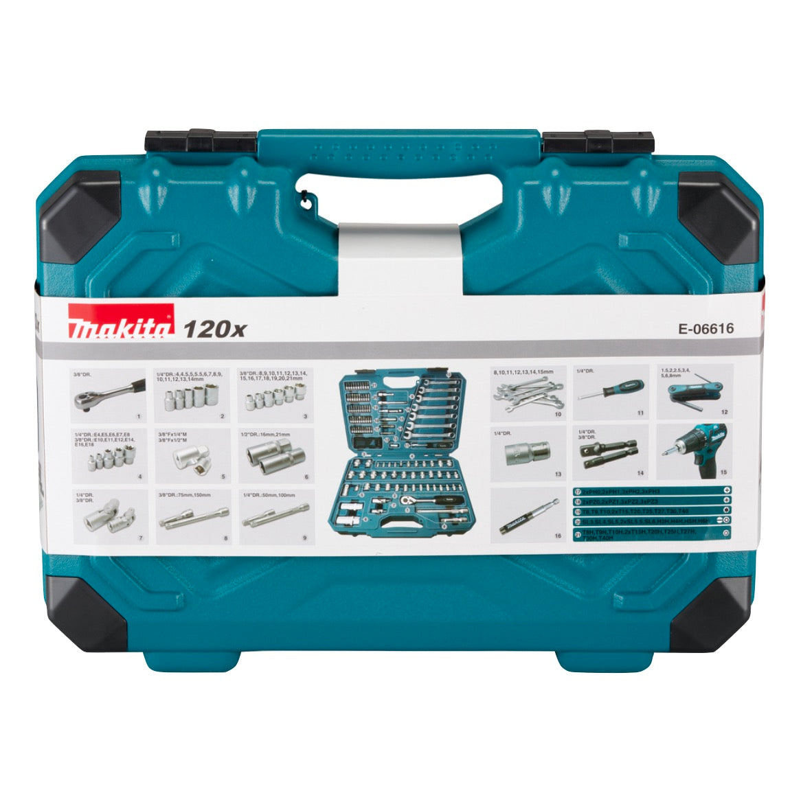 Makita Werkzeug Set 3/8" 1/4" 120 tlg. ( E-06616 ) Schraubendreher / Ratsche / Schraubenschlüssel / Bits + Koffer - Toolbrothers