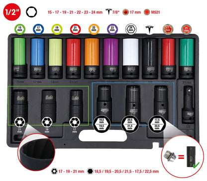 KS TOOLS 1/2" MASTER Spezial-Kraft-Stecknuss-Satz für Radverschraubungen, 17-tlg ( 515.0885 ) - Toolbrothers