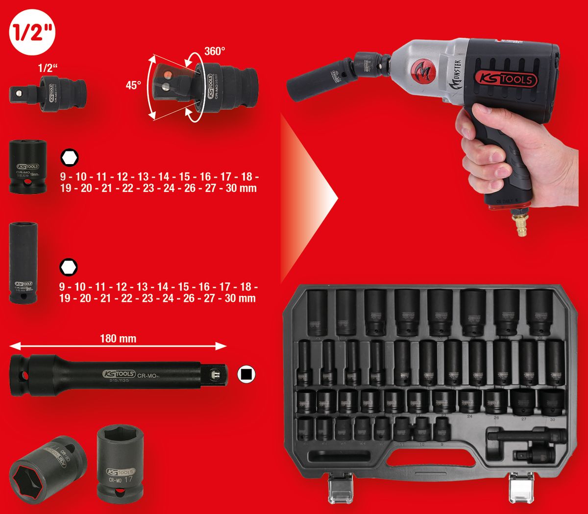 KS TOOLS Jeu de douilles à chocs hexagonales 1/2", 40 pièces (515.0065)