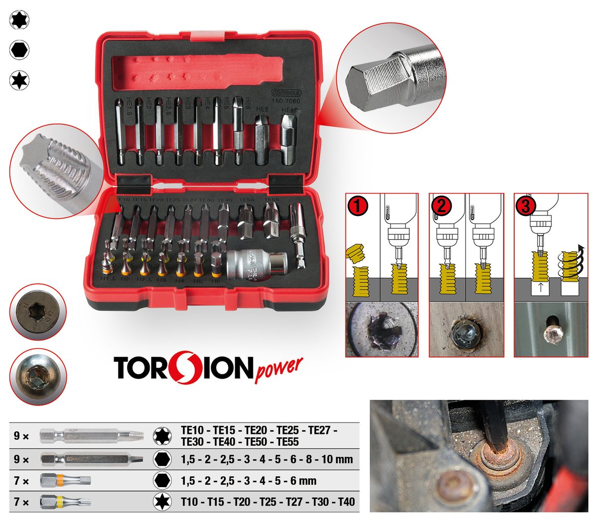 KS TOOLS 1/4" + 10 mm Torx- und Innensechskant-Schrauben-Ausdreher-Satz, 34-tlg ( 150.7060 ) - Toolbrothers