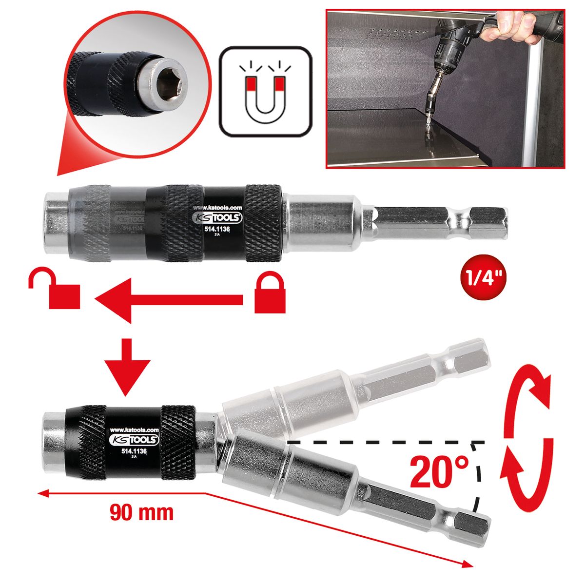 KS TOOLS 1/4" Magnetischer Schnellwechsel-Bithalter mit Gelenk ( 514.1136 ) - Toolbrothers