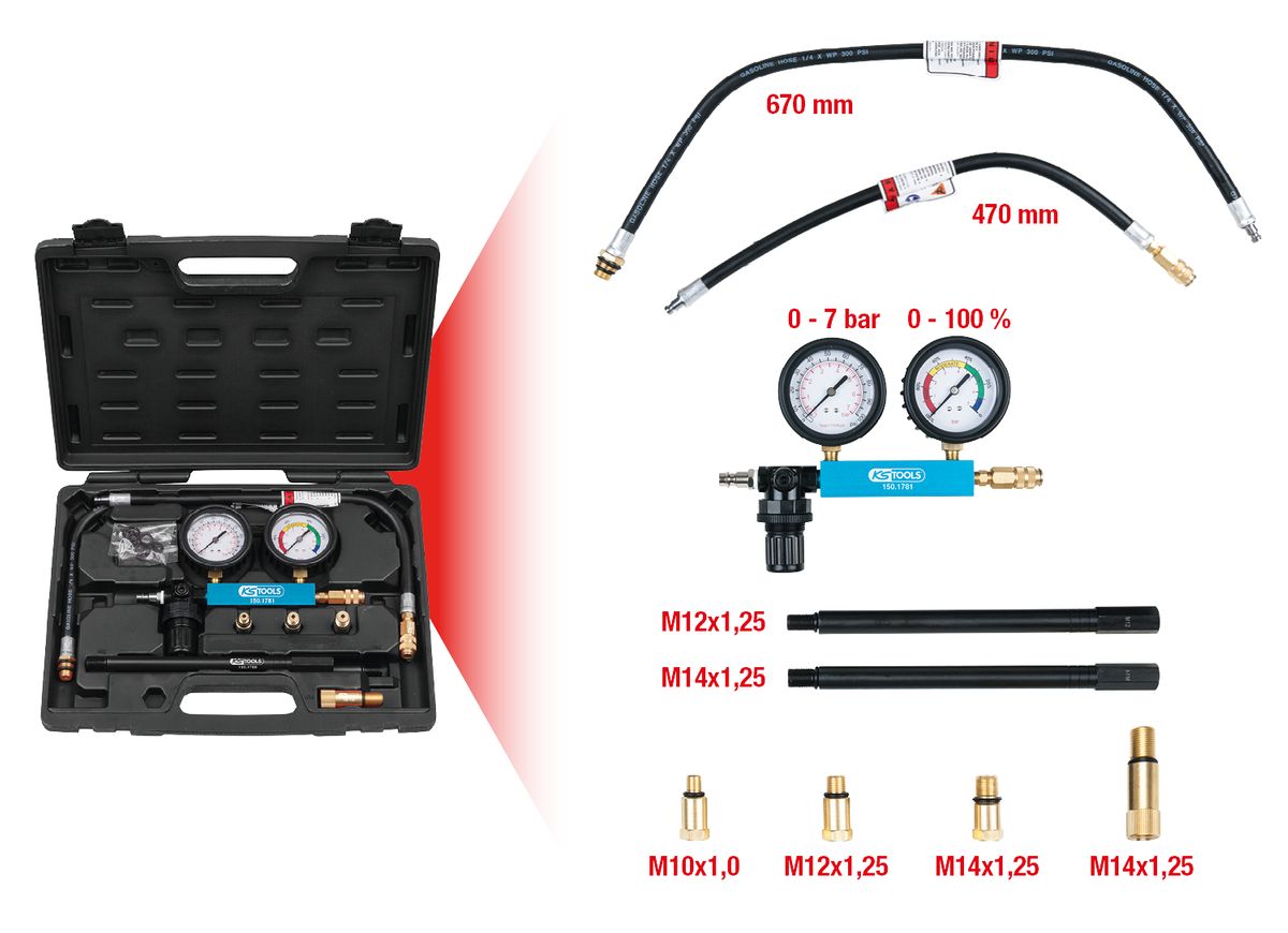 KS TOOLS Zylinder-Druckverlust-Tester, 9-tlg ( 150.1780 ) - Toolbrothers