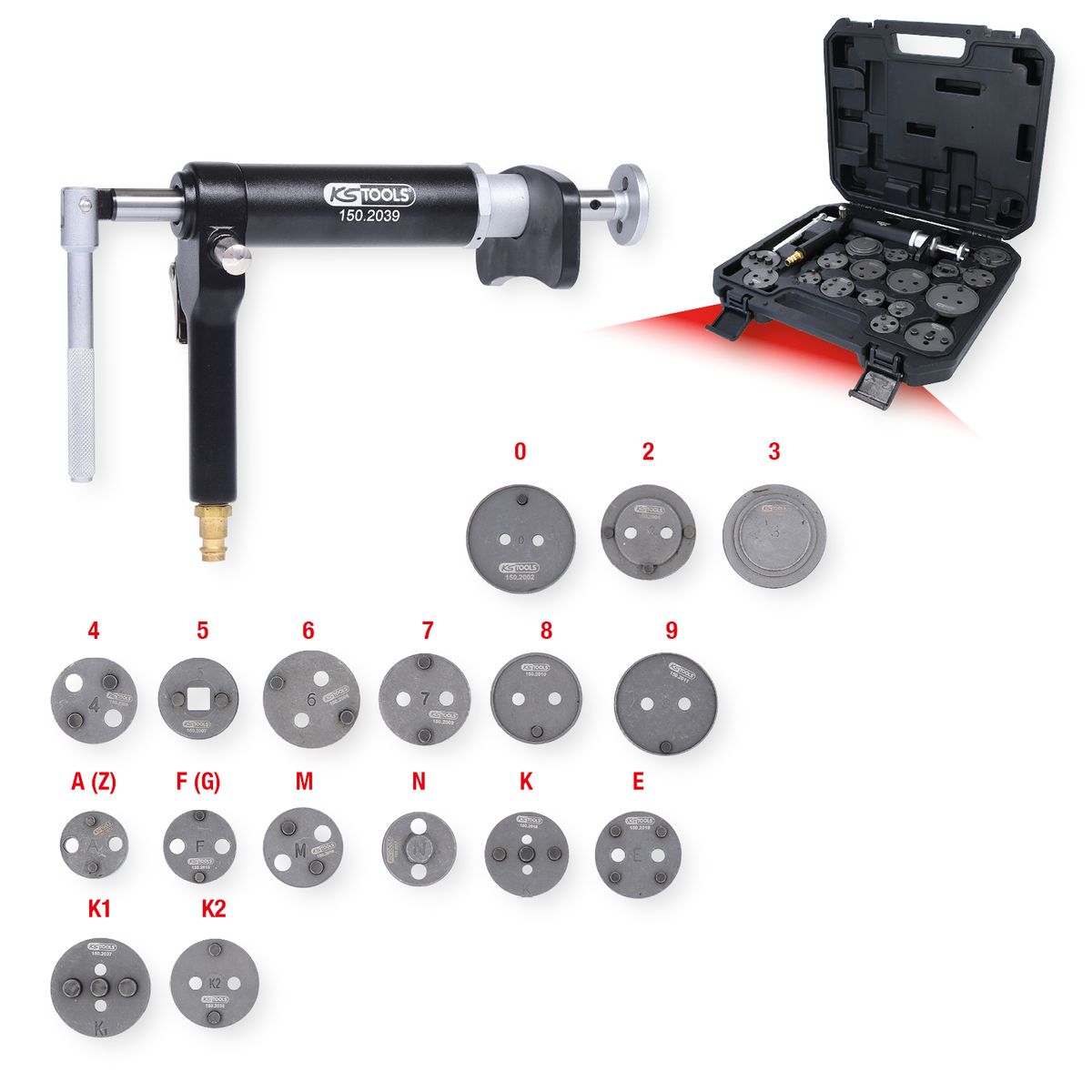 KS TOOLS Druckluftspindel-Bremskolbenwerkzeug-Satz, 18-tlg ( 150.2000 ) - Toolbrothers