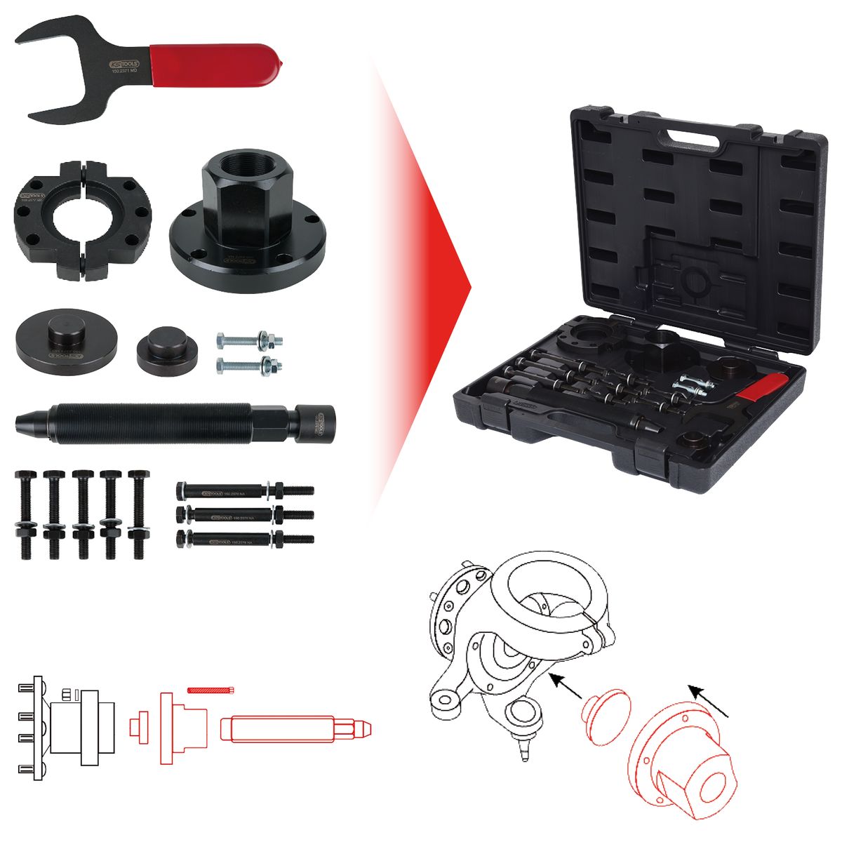 KS TOOLS Radlager-Werkzeug-Satz für Ford Transit, 17-tlg ( 150.2370 ) - Toolbrothers