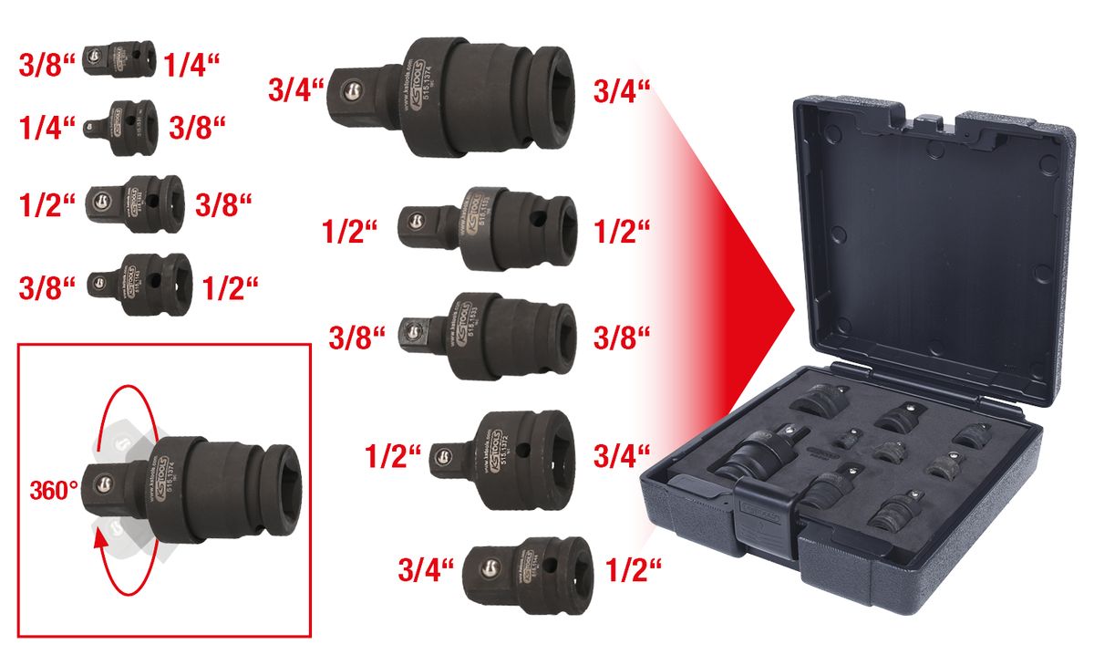 KS TOOLS Kraft-Vergrößerungs- und Reduzieradapter-Satz, 9-tlg ( 515.0100 ) - Toolbrothers