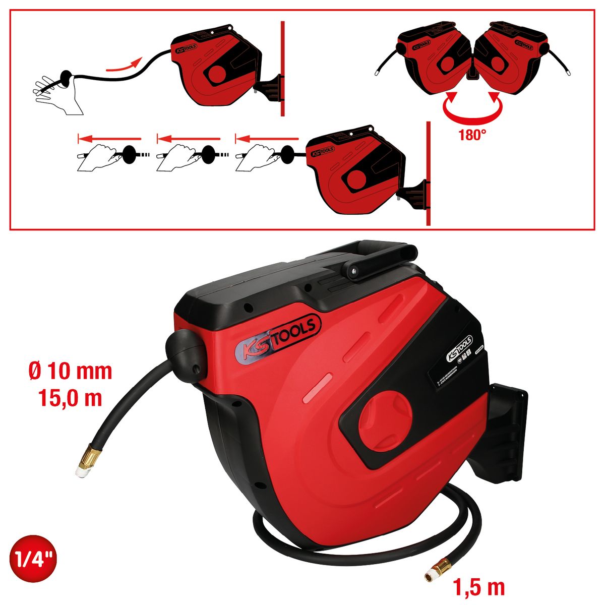 KS TOOLS Automatischer Druckluftschlauch-Aufroller, Ø 10mm x 15m ( 515.3440 ) - Toolbrothers