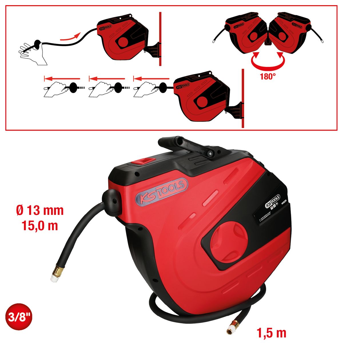 KS TOOLS Automatischer Druckluftschlauch-Aufroller, Ø 13mm x 15m ( 515.3445 ) - Toolbrothers