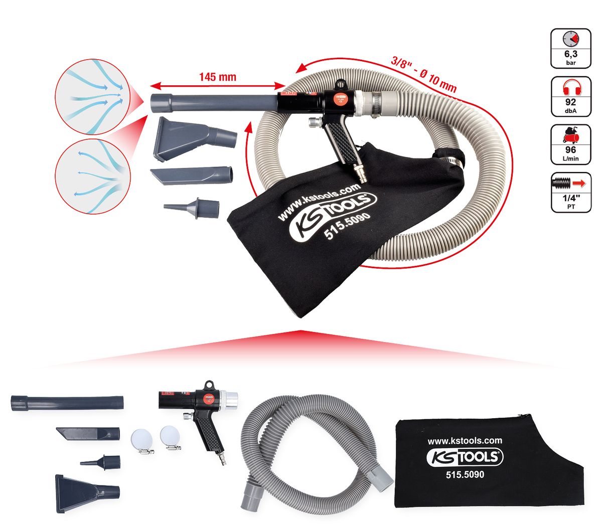 KS TOOLS Druckluft-Saug-Blaspistole, 145mm ( 515.5090 ) - Toolbrothers
