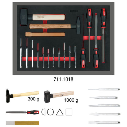 Jeu de limes, burins et marteaux KS TOOLS, 18 pièces dans un insert système 1/1 (711.1018)