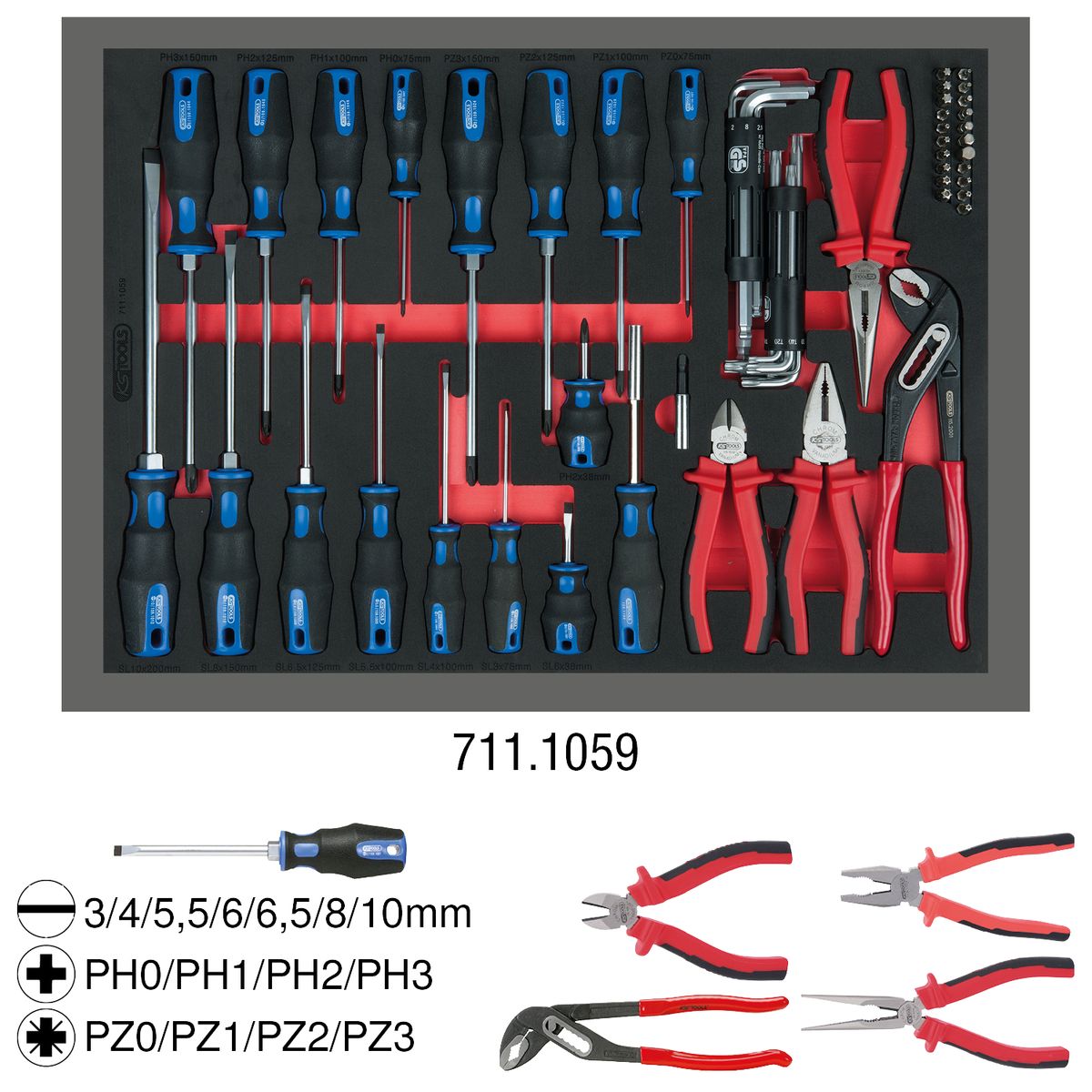 Jeu de pinces et tournevis KS TOOLS, 59 pièces dans un insert système 1/1 (711.1059)