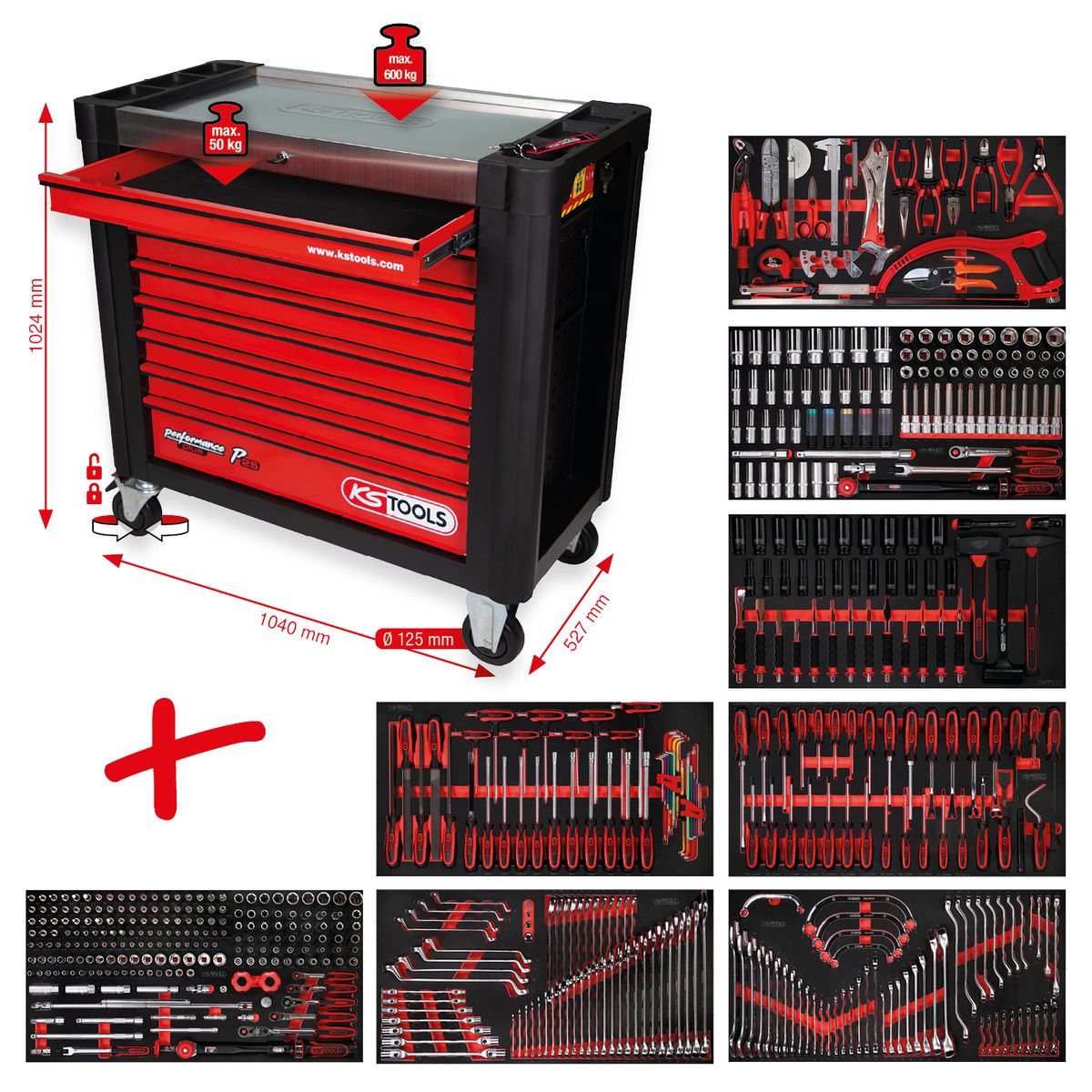 KS TOOLS Performanceplus set de dessertes d'atelier P25 avec 564 outils pour 8 tiroirs (825.8564)