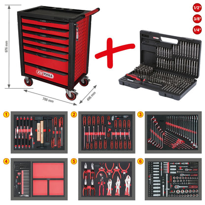 KS TOOLS RACINGline SCHWARZ/ROT Werkstattwagen mit 7 Schubladen und 598 Premium-Werkzeugen ( 826.7598 ) - Toolbrothers