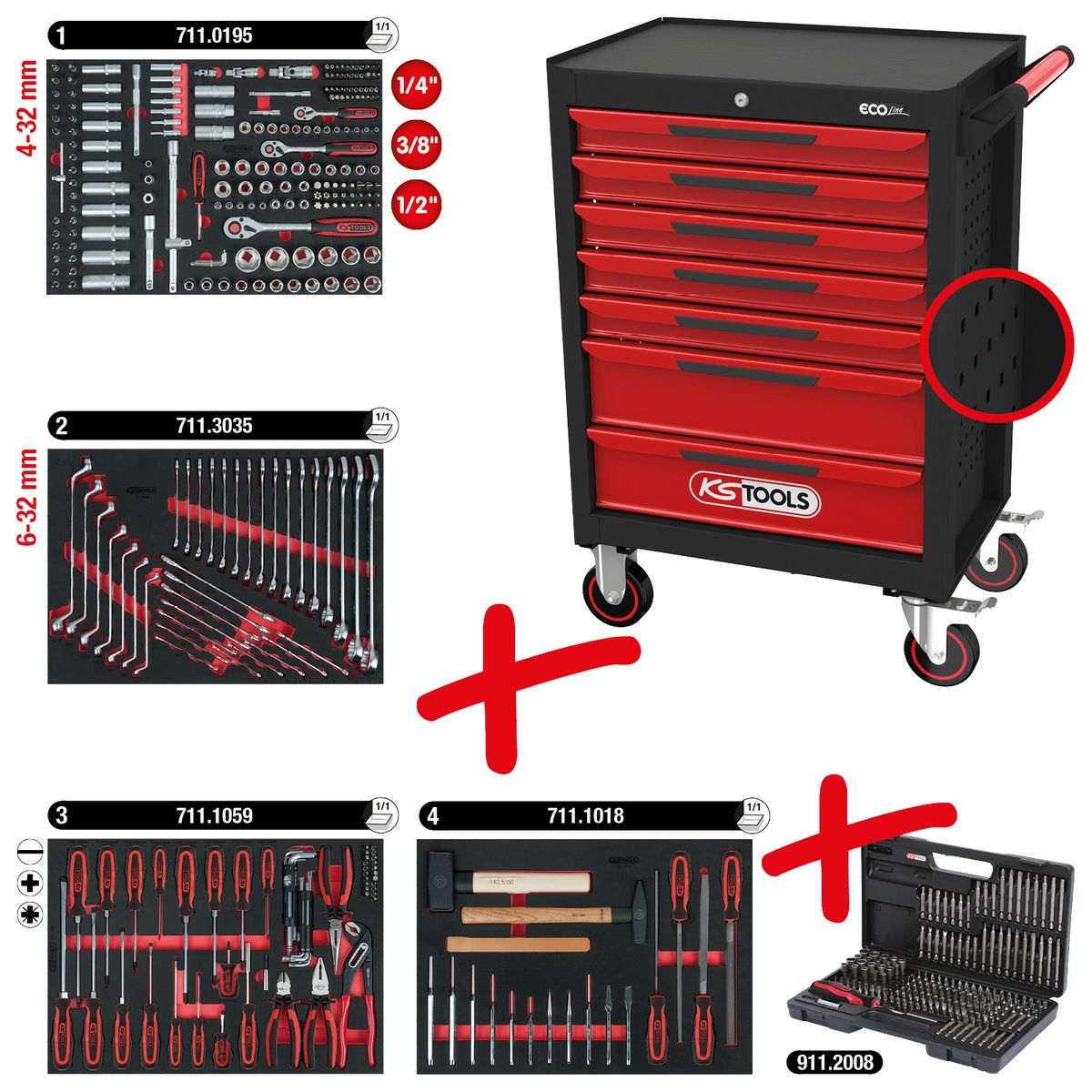 Chariot d'atelier KS TOOLS ECOline NOIR/ROUGE avec 7 tiroirs et 515 outils premium (897.7515)