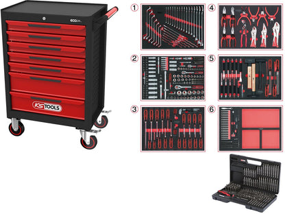 Chariot d'atelier KS TOOLS ECOline NOIR/ROUGE avec 7 tiroirs et 598 outils premium (897.7598)