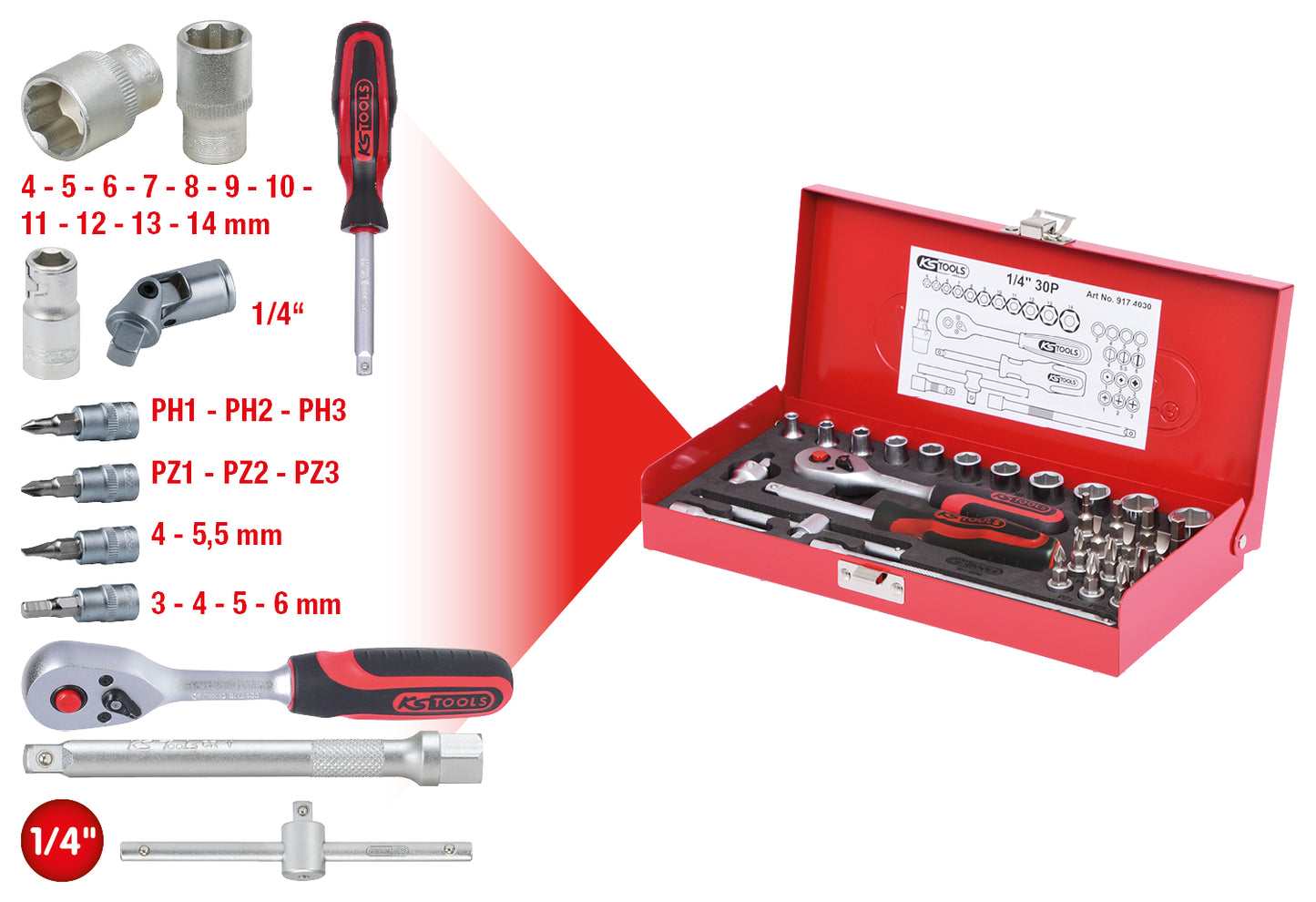 KS TOOLS Jeu de clés à douilles 1/4", 30 pièces (917.4030)