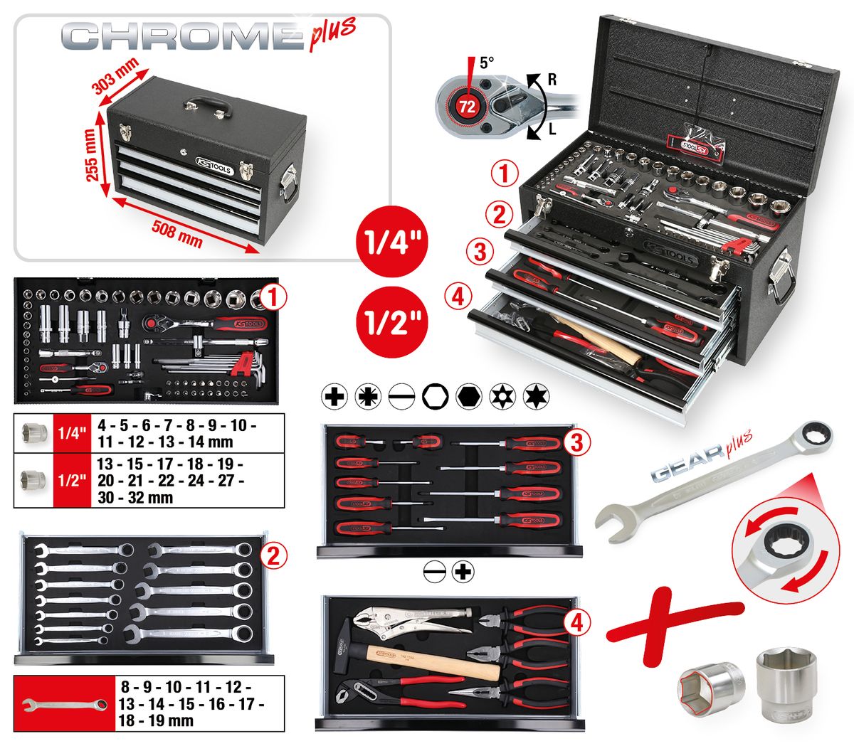 KS TOOLS 1/4"+1/2" CHROMEplus Universal-Werkzeug-Satz, 99-tlg GEAR ( 918.0100 ) - Toolbrothers