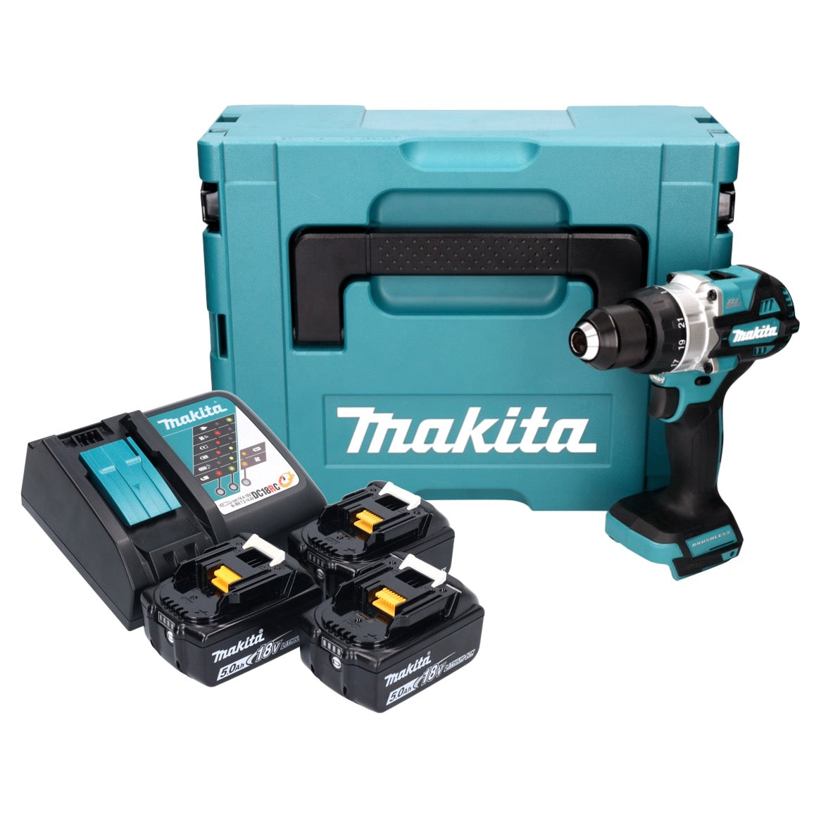 Perceuse-visseuse sans fil Maktia DDF 486 RT3J 18 V 130 Nm sans balais + 3 batteries 5,0 Ah + chargeur + Makpac