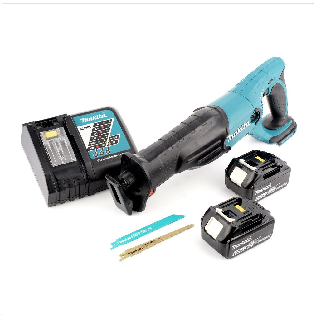 Makita DJR 182 18V Li-ion Akku Recipro Säbelsäge mit Ladegerät, zwei 5 Ah Akkus und 2 Sägeblättern - Toolbrothers